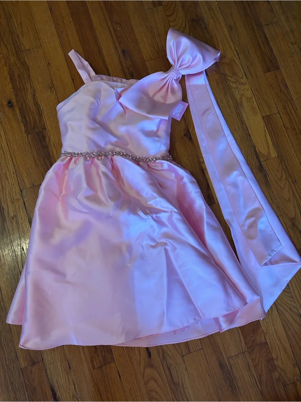Rare Editions Pink Satin One-Shoulder Dress with Bow and Jeweled Waist